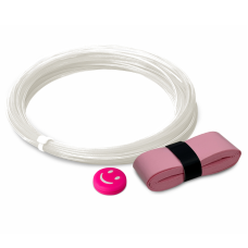 Набор для теннисной ракетки: виброгаситель розовый смайлик, белая струна 12 м и розовая намотка на рукоятку 110 см