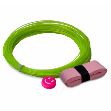 Набор для теннисной ракетки: виброгаситель розовый смайлик, струна неоновый лайм 12 м и розовая намотка на рукоятку 110 см