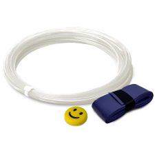 Набор для теннисной ракетки: виброгаситель желтый смайлик, белая струна 12 м и фиолетовая намотка на рукоятку 110 см