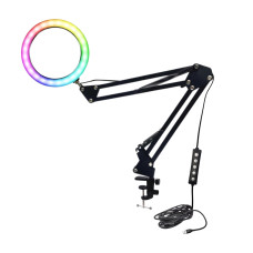 Лампа кольцевая RGB-NB2S26, диаметр 26 см, на пантографе и усиленной струбцине для горизонтального и вертикального крепления 